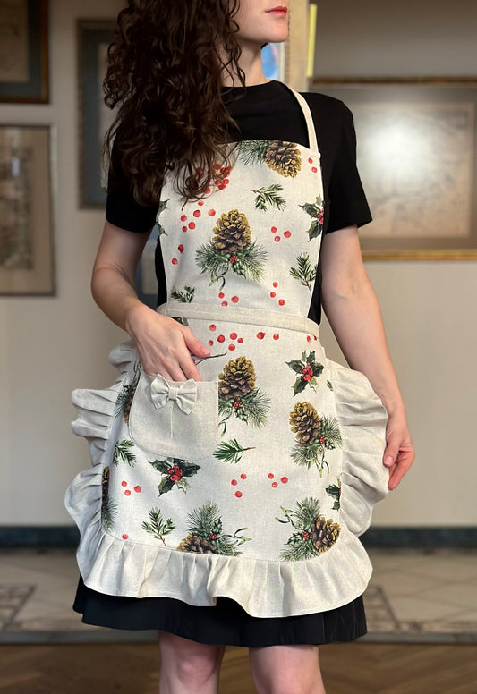 Christmas Apron for Woman with Frill and Pocket | Golden Pine